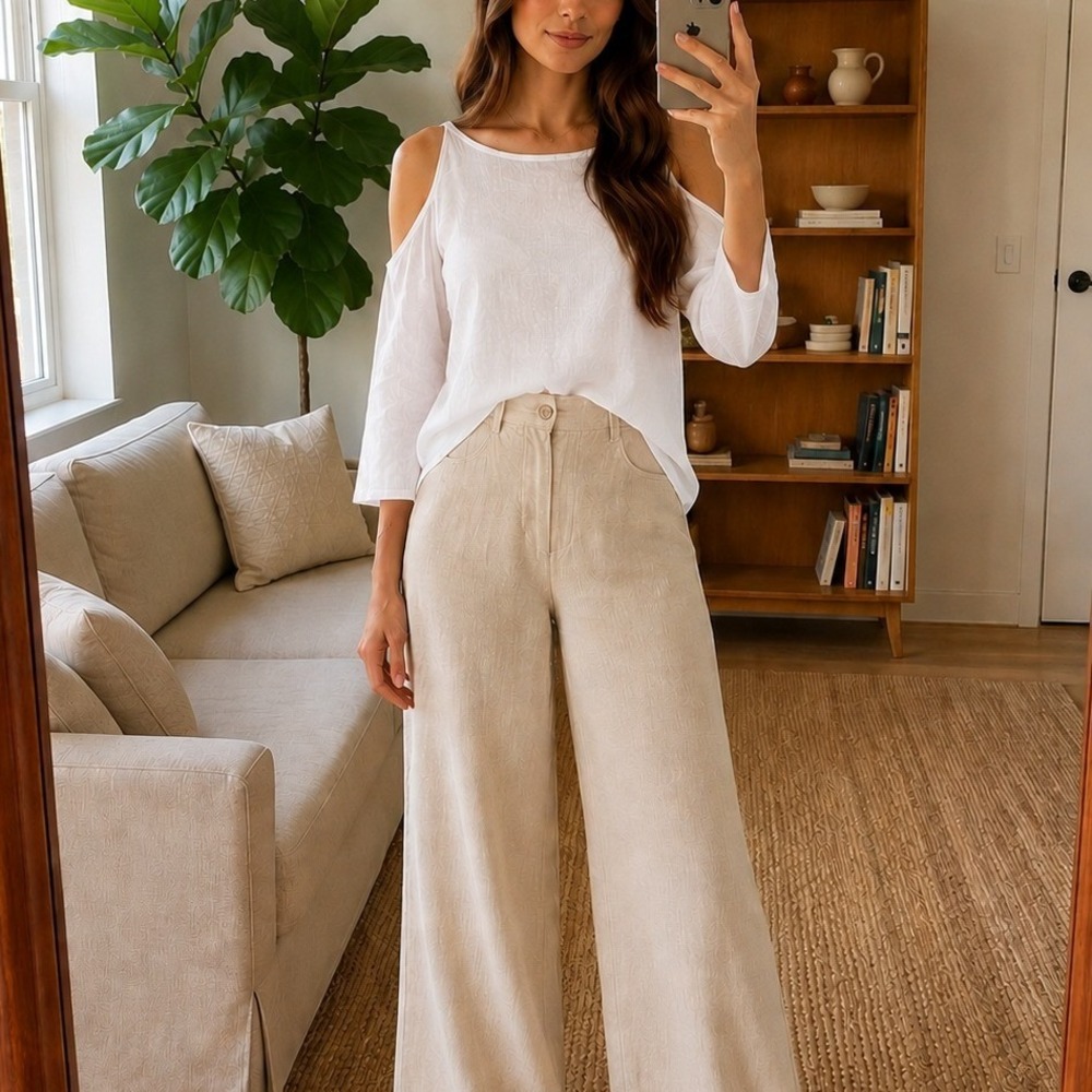 Lina Tomei Womens Linen Blouse‎ M White Cold Shoulder Italy Coastal Euro Summer